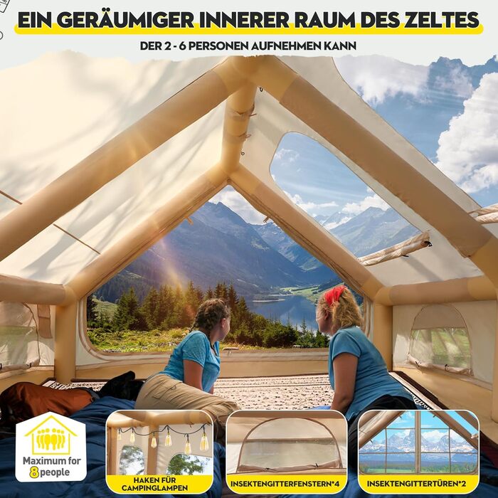 Надувний кемпінговий намет з димоходом та вікном, для 2-10 осіб з насосом, з водонепроникної тканини Oxford, швидке встановлення (4-8 осіб, велике вікно)
