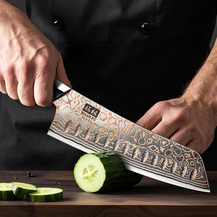 Японський ніж SHAN ZU з дамаської сталі з міддю, ручне кованість, професійний кухонний ніж, 20 см, серія VENUS (18 см Сантоку)