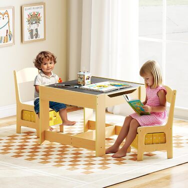 Дитячий меблевий набір GOPLUS 3в1: стіл та 2 стільці, дерев'яний, з місцем для зберігання, для дому, жовтий