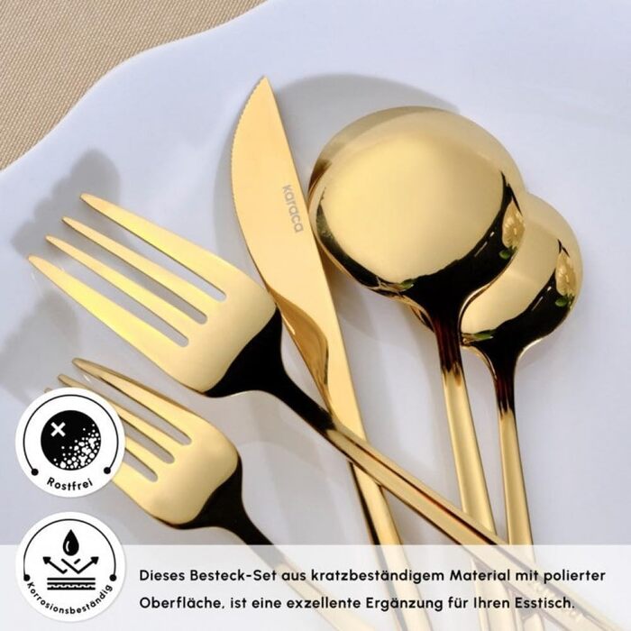 Набір столових приборів Karaca Orion Gold 60 предметів для 12 осіб - нержавіюча сталь, ножі, виделки, ложки, блискучі ножі та виделки, кухонний набір