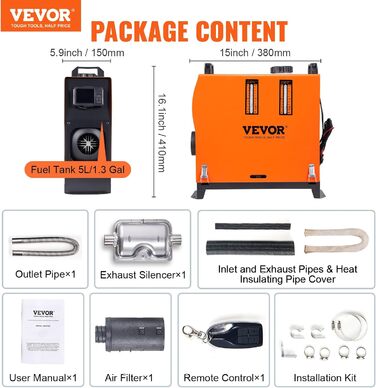 Дизельний опалювач VEVOR 12V для авто, RV, човнів, LKW, автобусів (8KW, Bluetooth, оранжевий)