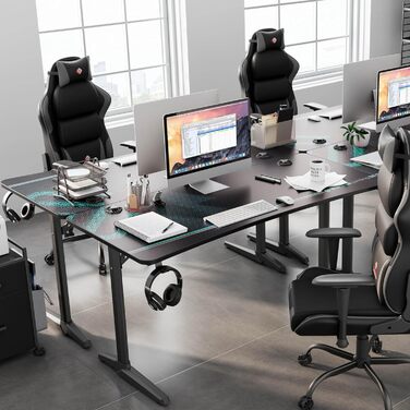 Ігровий стіл EUREKA ERGONOMIC 152x70 см - великий комп'ютерний стіл для геймерів з підставкою для навушників та тримачем для напоїв, чорний