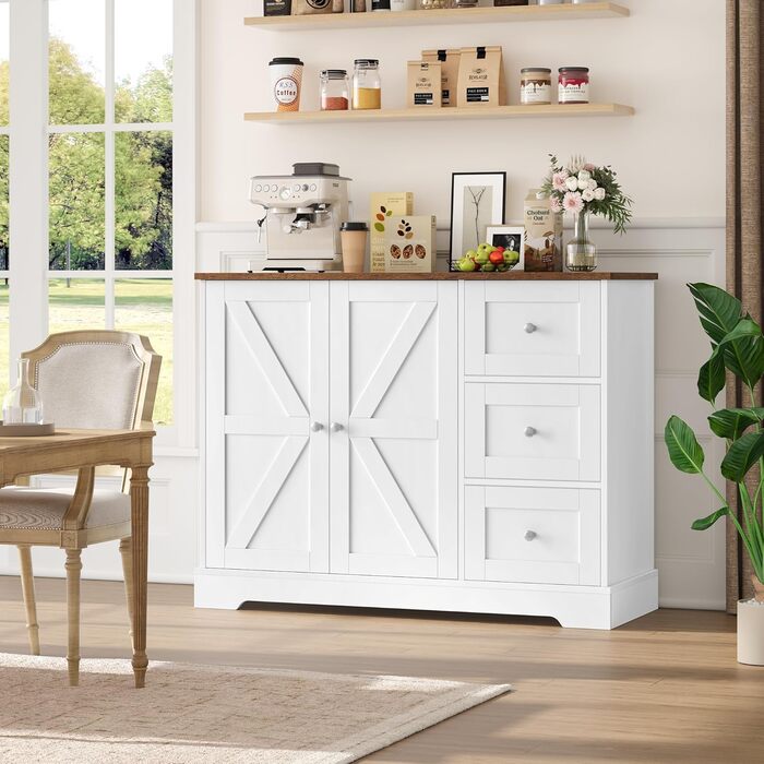 HOCSOK Комод-буфет з 3 шухлядами та 2 дверцятами, білий та коричневий, для кухні, вітальні, їдальні