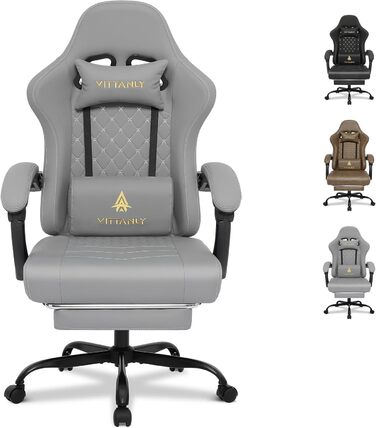 Ігровий крісло Vittanly з пружинними подушками, ергономічний геймерське крісло з підголовником, поперековою подушкою та підставкою для ніг, регульоване по висоті, поворотне ігрове крісло, офісне крісло, 150 кг, сірий