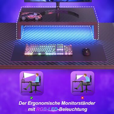 Ігровий стіл Devoko 160x60 см з LED підсвічуванням, підставка для монітора, карбонове покриття, ергономічний дизайн, чорний