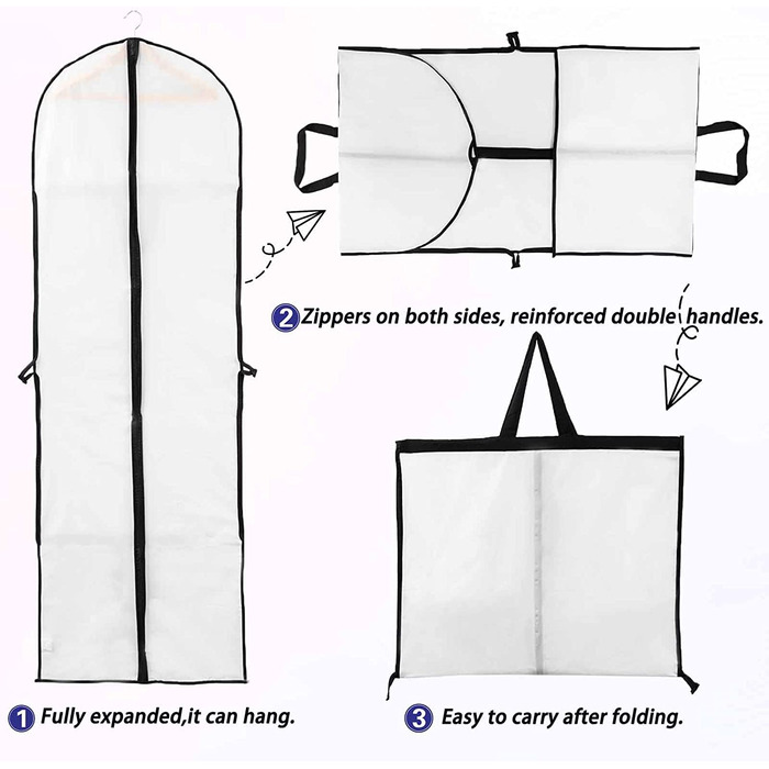 Сумка для одягу Niviy 60x180 см Довга високоякісна сумка для одягу, прозора дихаюча тканина, для костюмів сукні пальто піджаки сорочки вечірні сукні Сумка для зберігання чорних костюмів 3 шт. (білий, 60 X 180 см-2)