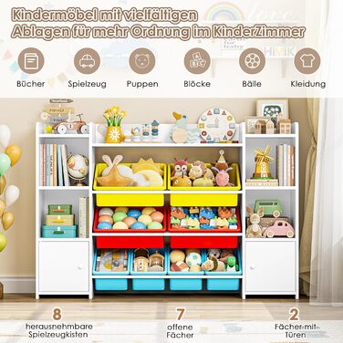 FOREHILL Регульована полиця для іграшок з 8 ящиками, дитячий шафчик, книжкова полиця для дітей, органайзер для іграшок, меблі для дитячої кімнати з іграшковою коробкою, 138,8 x 94,3 x 29,6 см, білий (білий з червоним)