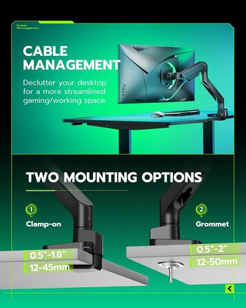 Кріплення для монітора ARES WING з USB A/C, кріплення для монітора, 17-49 дюймів, вантажопідйомність 20 кг, газ-амортизатор, VESA 75/100 мм, чорний