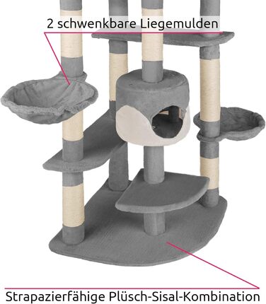 Кігтеточка для кішок tectake XXL для котів, з аксесуарами, лежачий лоток, 2 котячі печери, мотузка з сизалю, стеля висока - сірий/білий