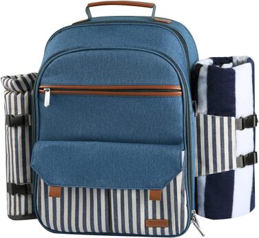 Набір для пікніка Sunflora на 4 особи з термосумкою та пледом, пікніковий кошик для кемпінгу та відпочинку на природі (синій та смугастий)