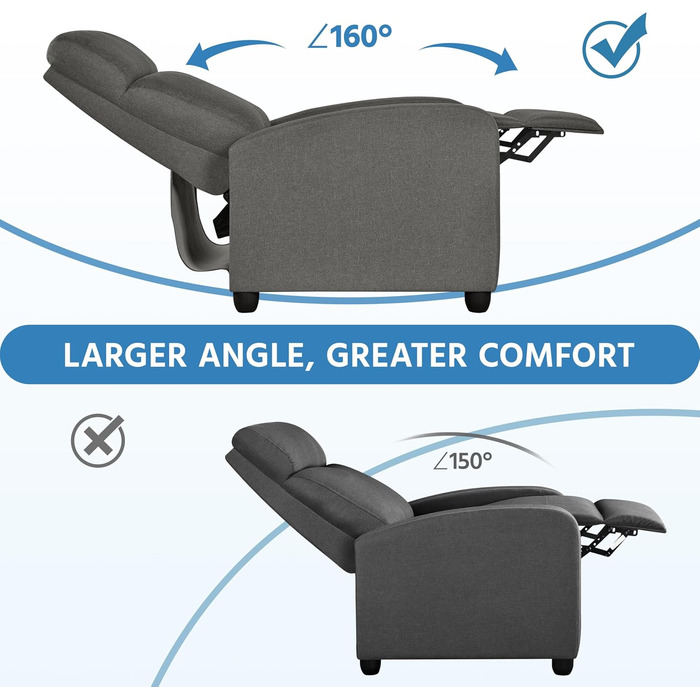 Крісло-релакс Yaheetech з регульованим нахилом, штучна шкіра, для вітальні, спальні, домашнього кінотеатру (сірий)