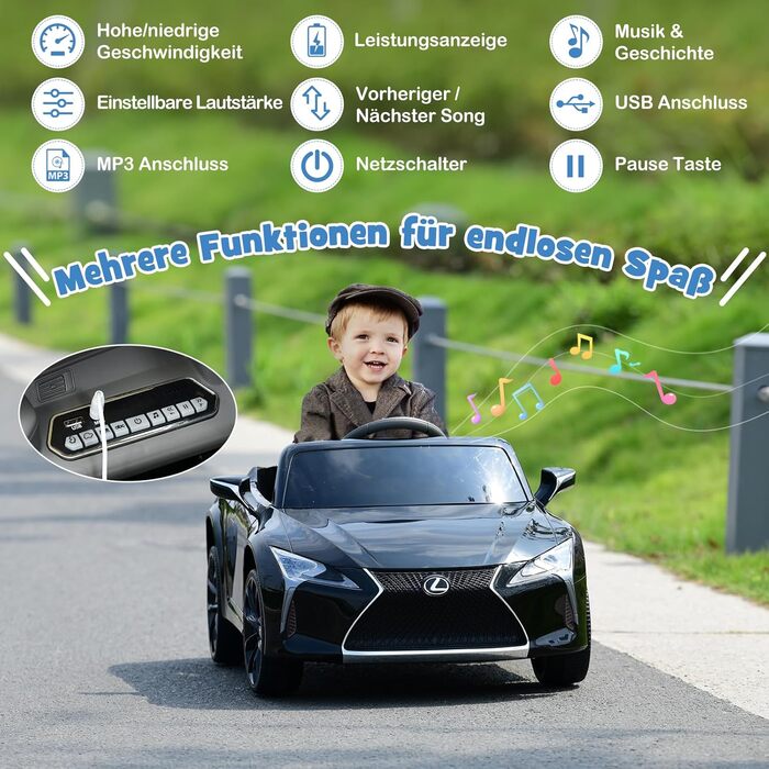 Дитячий електромобіль Lexus COSTWAY 12V з пультом, LED, музикою, USB, чорний