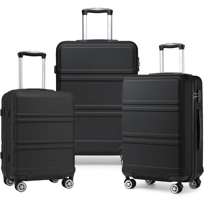 Чемодан KONO 24 дюйми, ABS, з TSA-замком, 4 колеса, 65×44×25.5 см, чорний, 3-частинний набір