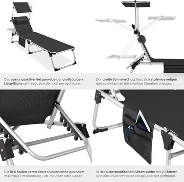 Шезлонг Tectake® з дахом: легкий, розкладний, для балкона, саду, кемпінгу та пляжу. Алюмінієвий, сірий меланж (чорний)