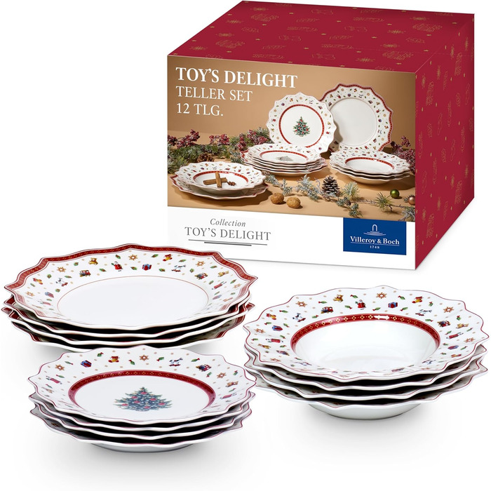 Villeroy & Boch Toy's Delight: Сніданок на двох - сервіз для двох осіб (6 предметів), білий/червоний. Ідеальний для святкування Різдва! Преміум-посуд з порцеляни.