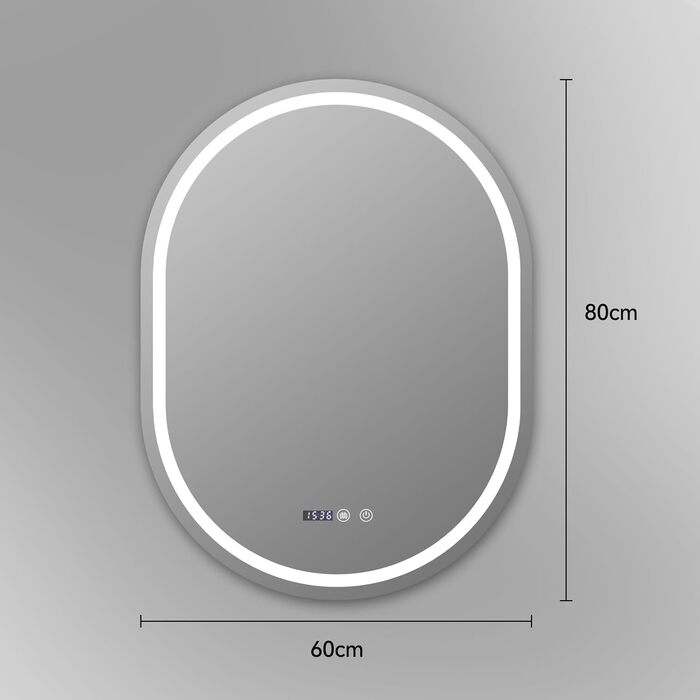 Дзеркало для ванної кімнати YOURLITE з підсвічуванням, кругле, 60 см, LED, 3 кольори, диммування, сенсорне управління, антизапар, пам'ять, IP44, овальне
