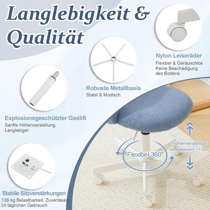 Крісло офісне Bonnlo з регулюванням висоти, для робочого кабінету, спальні, home office, обшите тедді, білий (блакитний)