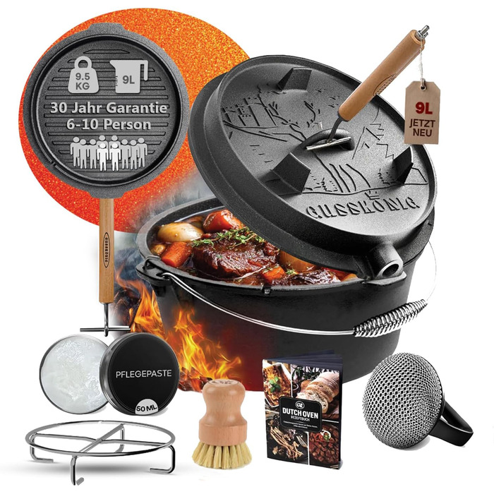 Набір Dutch Oven з емальованого чавуну 4.5л (2-4 особи) – голландська піч, каструля для тушкування з ніжками, подвійна функція – з кришкою-підйомником, очисником, щіткою та книгою рецептів – 30 років гарантії