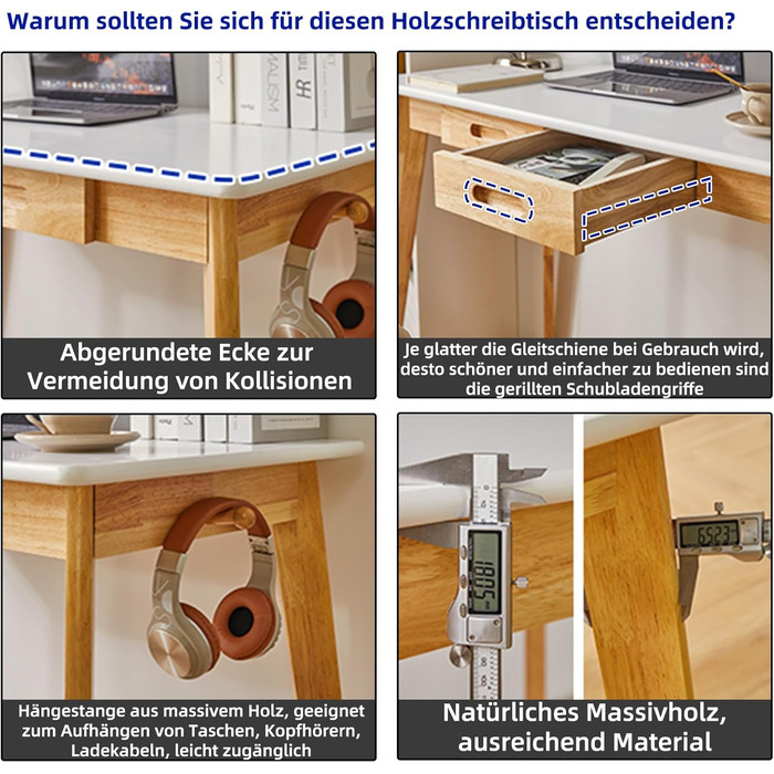 Дерев'яний письмовий стіл з шухлядою та вішалкою, 100 x 50 x 75 см, YD-WD01N. Компактний комп'ютерний стіл з натуральним деревом.