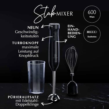 Сталевий блендер Stanley Rogers 500W з 1L скляною колбою, 4-лопатева система + насадка для змішування, 2 швидкості (занурювальний блендер)