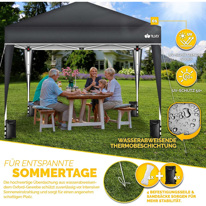 Павільйон Tillvex 3x3м водовідштовхувальний з 4-ма мішками з піском | Pop-Up павільйон, стабільний та регульований по висоті | Садовий намет з UV захистом 50+ | Намет для вечірок з сумкою для саду (Антрацит) 3x3м, без стін