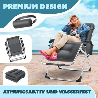 Шезлонг KESSER® для саду, широке лежаче місце, стійкий до погодних умов, витримує до 200 кг, ергономічна спинка з регулюванням, подушка, підголівник, тримач для напоїв, підлокітники та бічна кишеня, антрацит