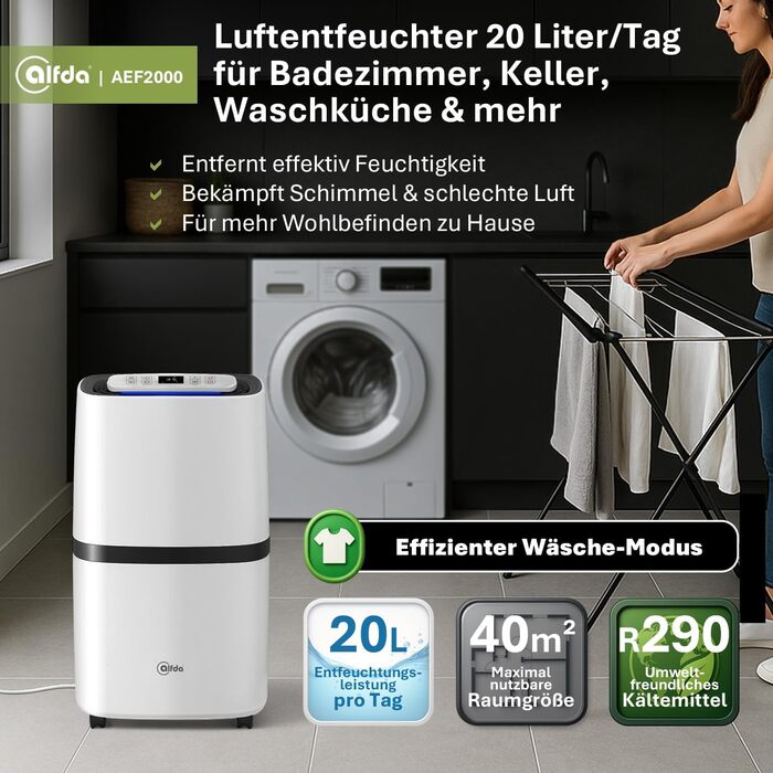 Електричний осушувач повітря AEF2000 - 20 л/день, до 30 м², тихий, з автовимкненням, гігростатом та сенсорним дисплеєм. Ідеально для спальні та ванної кімнати