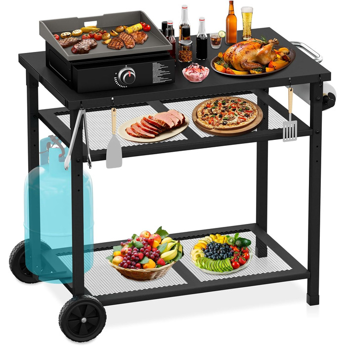 Гриль-вогнівку з грилем та піч для піци на коліщатках - стіл для гриля та піци для вулиці з двома сітчастими полицями для дому, вечірки, кемпінгу