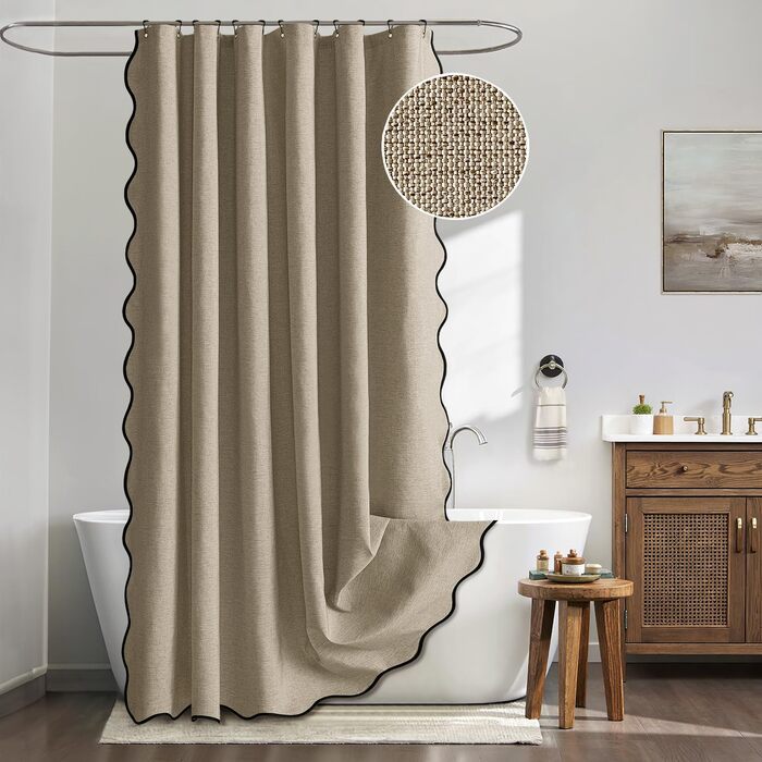 Шторка для душу MIULEE 120x200 см, льон, текстурована, з чорною окантовкою, готельний стиль, водонепроникна, антигрибкова, тканинна, з 8 кільцями, бежева