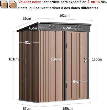 Металевий сарай для інструментів Bealife 180x162x95 см, сталевий садовий шоп, вуличний склад, господарський будиночок для двору, тераси, газону (коричневий)