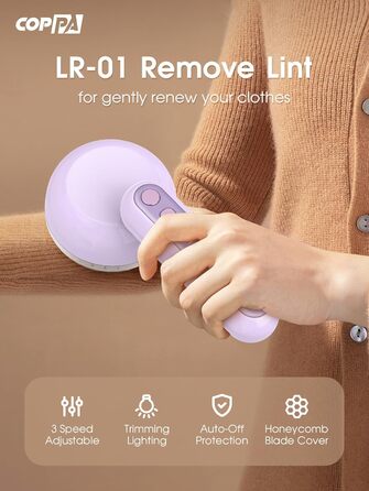Електричний видальник ворсу COPPA з 6 лезами, 3 швидкості, перезаряджається, портативний, з індикатором заряду, для одягу (білий/фіолетовий)