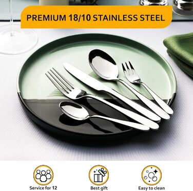 Набір столових приборів Velaze на 12 осіб (60 предметів) з нержавіючої сталі, столовий набір з 12 ножів, виделок, десертних виделок, ложок та чайних ложок, полірований, придатний для миття в посудомийній машині