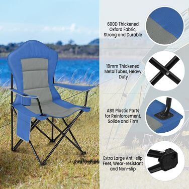 Крісло для кемпінгу WOLTU складне, легке складане крісло для вулиці, крісло для риболовлі, з бічною кишенею підстаканника, вантажопідйомність до 150 кг, для тераси пляжного саду для кемпінгу (синій сірий)
