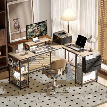 Кутовий письмовий стіл, багатофункціональний офісний стіл з регульованими полицями, кишенею для зберігання та підставкою для монітора, натуральне дерево