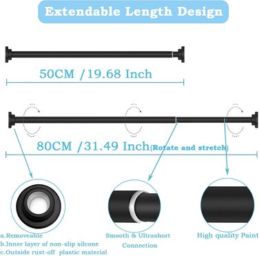 Стрижень для душу з нержавіючої сталі, , без свердління, для завіси для душу, висувний стрижень, для душу, ванни, вікна ванної кімнати, 70-120 см, новий дизайн (чисто чорний, 50-80 см (2 шт., 22 мм)