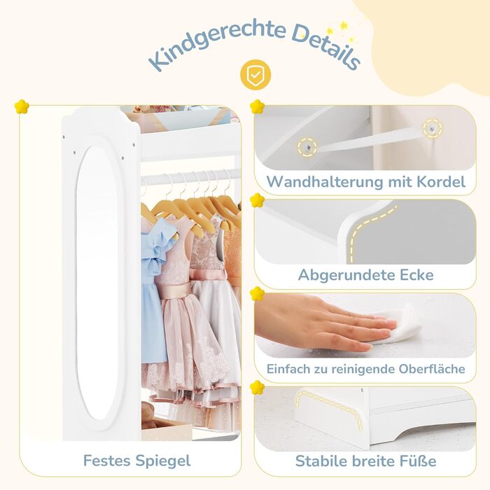 Дитяча шафа LUE BONA з дзеркалом та штангою, 3 гачками та відкритими полицями, 85 x 34 x 112 см, білий колір