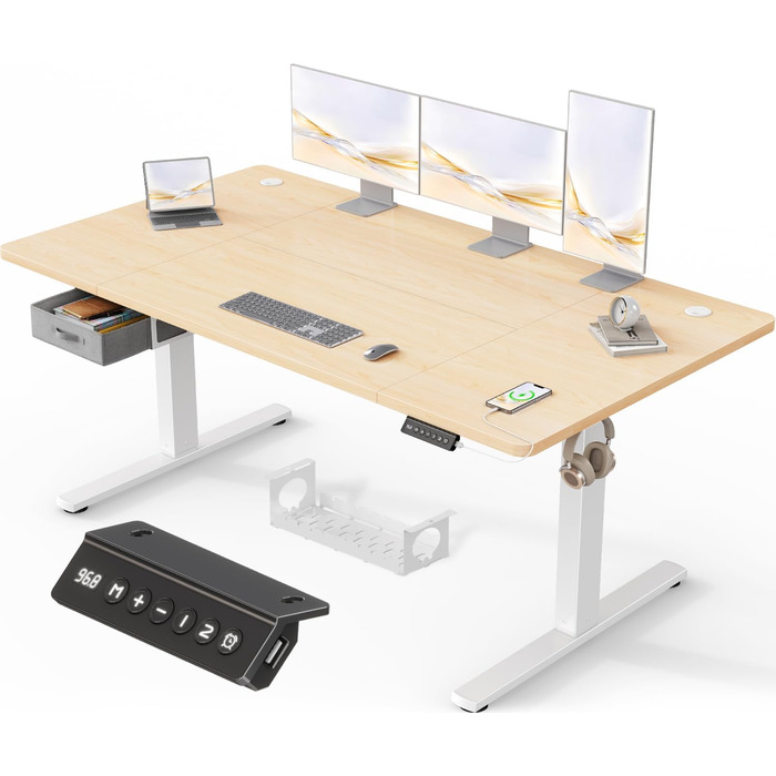 Регульований стіл Devoko 160x80 см з висувними ящиками, USB-порт, органайзер для кабелів, стіл для комп'ютера з 3-ма пам'ятними функціями, білий