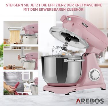 Arebos Ретро кухонна машина 1800W рожева | Міксер з чашею 6л з нержавіючої сталі | Тиха робота | З набором насадок (крюк для тіста, вінчик, насадка для збивання) | 6 швидкостей