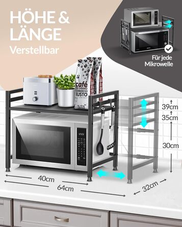Підставка для мікрохвильової печі та кухонна полиця, сталева, 2-ярусна | Підставка для мікрохвильовки, шафка для мікрохвильовки, полиця для зберігання, полиця пекаря | Регульована висота та довжина, інструкція у відеоформаті, гачки - Чорний колір, 2 яруси