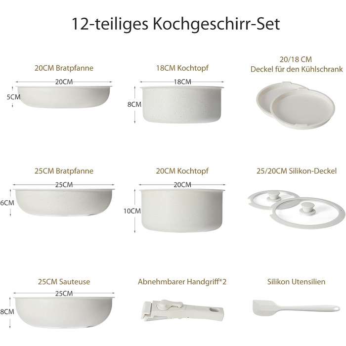 Набір посуду Sweetcrispy 12 предметів: сковорідки та каструлі з знімними ручками, антипригарне покриття, для індукції, сумісний з духовкою, білий