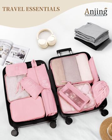 Набір органайзерів для подорожей Anjing (11 предметів), водонепроникні пакувальні куби для валізи, компактний органайзер для одягу в дорогу, рожевий