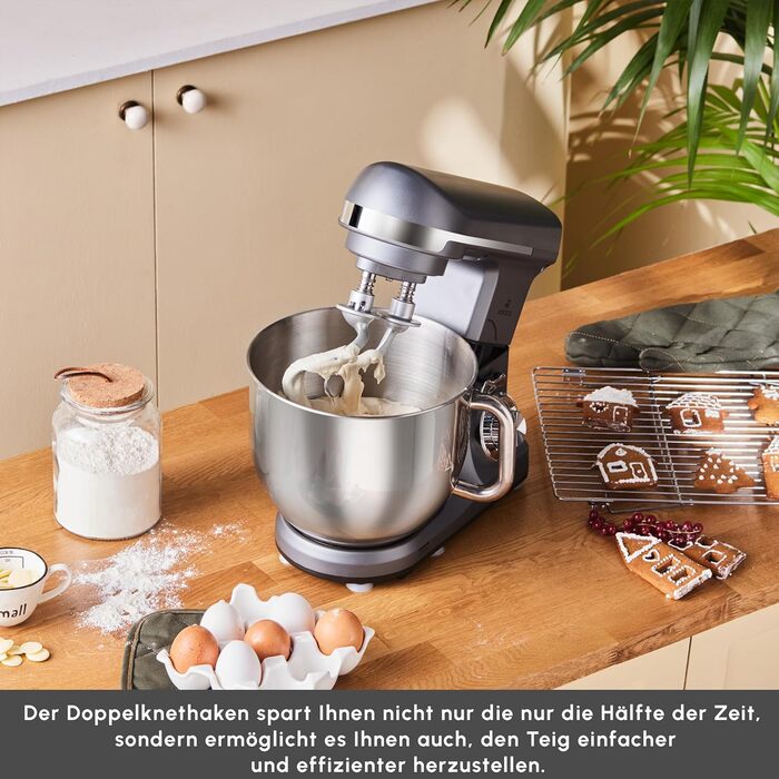 Кухонна машина Karaca Blendburst 1400W з 6 швидкостями, 5.7л чаша з нержавіючої сталі, подвійний гак для тіста, міксер, насадки для збивання та замішування, сірий колір