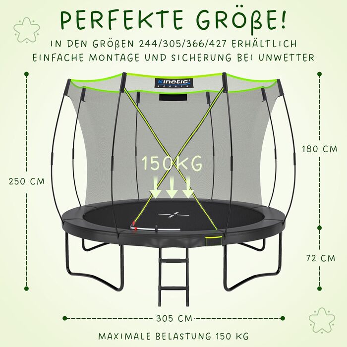 Батут Kinetic Sports 'Ultimate Pro' Ø 305 см для дітей з драбиною та захисною сіткою - чорно-неоново-зелений