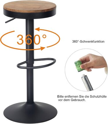 Барні стільці Kidol & Shellder 2 шт. Регульована висота, поворотні на 360°, кругла дерев'яна стільниця на металевому каркасі, чорний колір. Підходять для кухні, бару, вітальні.