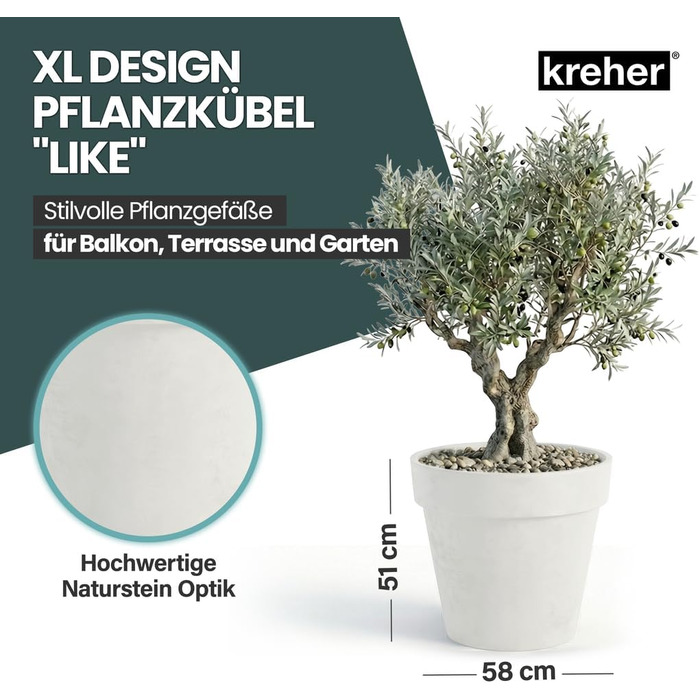 Крехер XXL круглий горщик для рослин / квітник з діаметром 79 см / 58 см, з роликами! Чудовий акцент для саду, тераси, ресторанів та комерційних приміщень! (Білий, XL-діаметр 58 см)