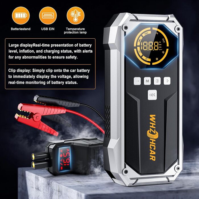 Powerbank Starthilfe 6000A з компресором та LED-ліхтарем: багатофункціональний пусковий пристрій для автомобіля (чорний)