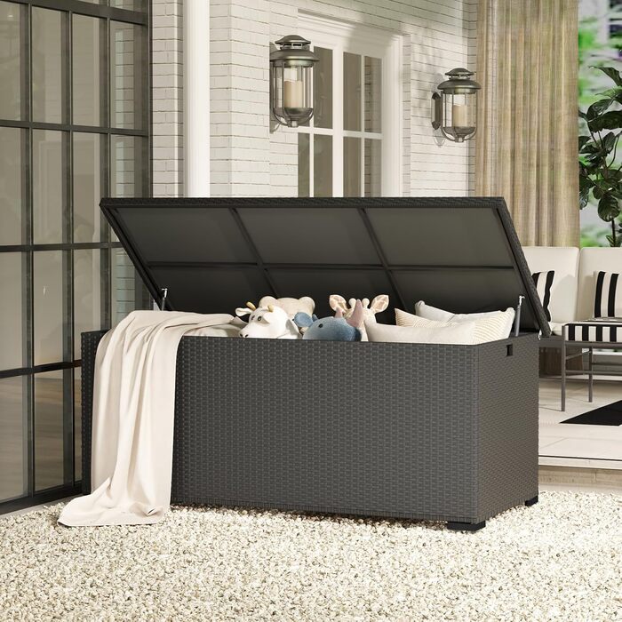 Скриня для подушок садових Polyrattan Amopatio 650л, водонепроникна, з газліфтом, чорна. Ящик для зберігання речей на вулиці для саду, балкону
