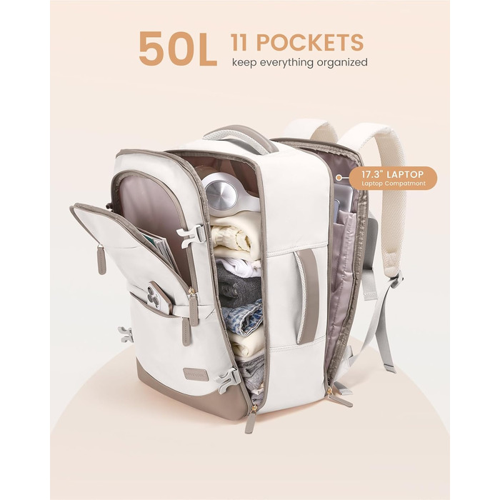 Рюкзак для ручної поклажі LOVEVOOK 40L, рюкзак для подорожей для жінок, з відділенням для мокрого та сухого, 45x36x20 см, для ноутбука, ручної поклажі, 18 дюймів (Бежевий хакі)