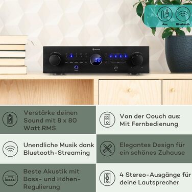 Міні-підсилювач Auna HiFi Stereo, 4 канали, керування низькими та високими частотами, з пультом дистанційного керування та AUX, чорний