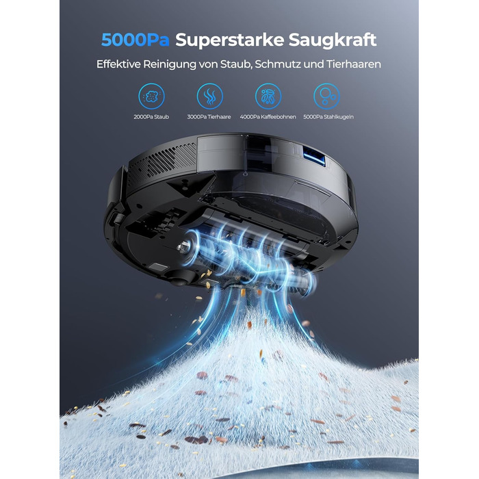 Робот-пилосос Laresar Clean 3-в-1 з функцією миття, 5000Pa, лазерна навігація, 180 хв, для тварин, килимів, твердих підлог, керування через додаток, 15 зон заборони (чорний)